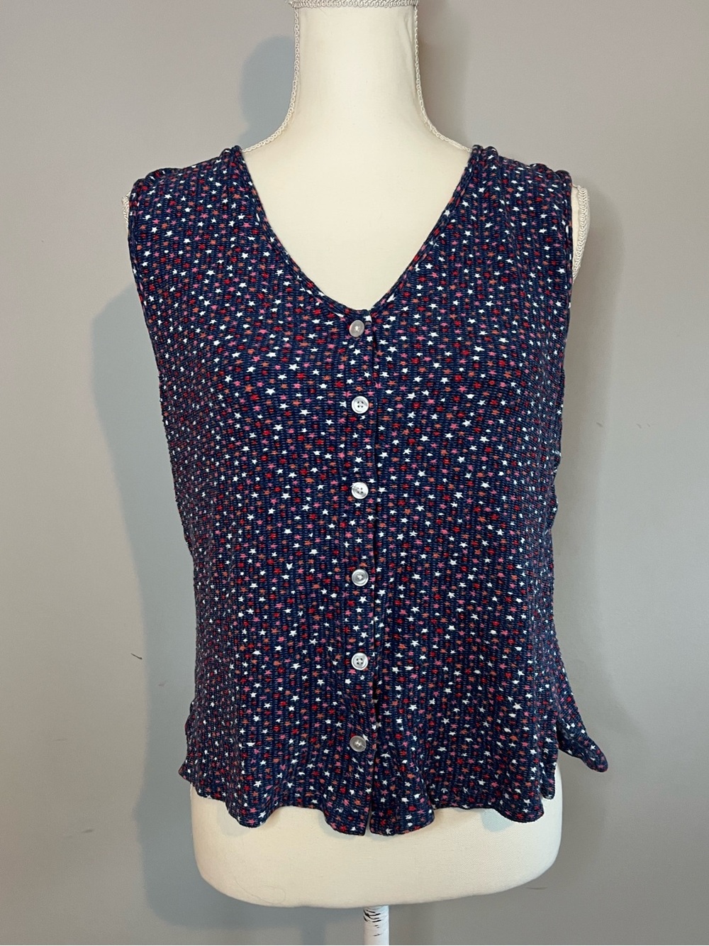 Lou & Grey Sleeveless Navy Star-Print Button Front Top Womens Size Small